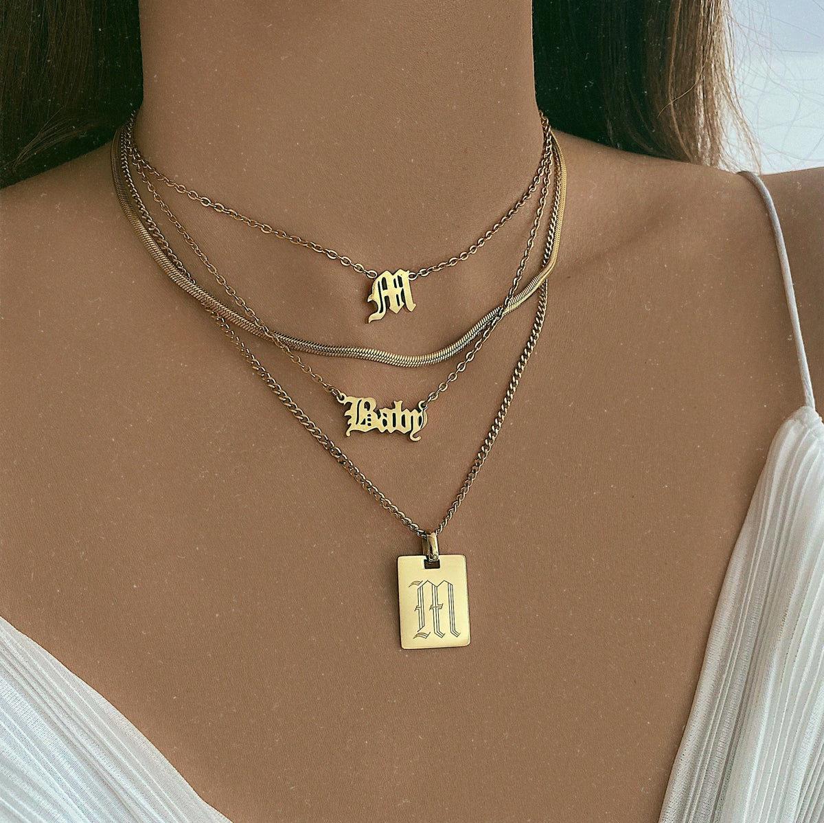 BohoMoon Stainless Steel Engraved Tag Initial Necklace